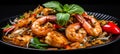 Tasty top view of spicy thai seafood salad on black plate, isolated on pastel background. Royalty Free Stock Photo