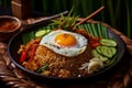 Tasty traditional asian fried rice with egg and vegetable