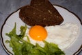 Tasty traditional breakfast with fried egg, slices of heard-shaped bread and greenery Royalty Free Stock Photo