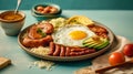 Tasty traditional Colombian food. Juicy Bandeja Paisa. Generative AI