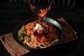 Tasty traditional Italian pasta, Spaghetti with fresh tomato sauce Royalty Free Stock Photo
