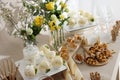 Tasty treats on table in room. Sweet buffet Royalty Free Stock Photo