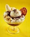 Tasty tropical banana split or ice cream parfait