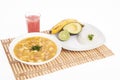 Tasty typical Colombian food; Mondongo of soup with avocado, banana and white rice Royalty Free Stock Photo