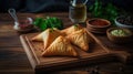 Tasty Uzbek samsa on wooden background, generative ai