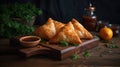 Tasty Uzbek samsa on wooden background, generative ai