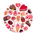 Tasty Valentine Sweet Pink Dessert Round Composition Design Vector Template