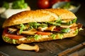 Tasty vegan baguette with mushrooms and greens