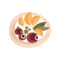 Tasty vegetable dish with boiled beet and slices of fried potato. Appetizing dinner. Flat vector icon with texture