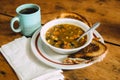 Tasty Vegetable soup with toasts on the table. Royalty Free Stock Photo