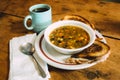 Tasty Vegetable soup with toasts on the table. Royalty Free Stock Photo