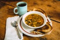 Tasty Vegetable soup with toasts on the table. Royalty Free Stock Photo