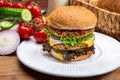 Tasty vegetarian cheeseburgers with round patties or burgers made from grains, vegetables and legumes