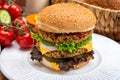 Tasty vegetarian cheeseburgers with round patties or burgers made from grains, vegetables and legumes