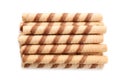 Tasty wafer roll sticks on white background, top view. Royalty Free Stock Photo