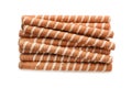 Tasty wafer roll sticks on white background, top view. Royalty Free Stock Photo