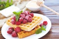 Tasty waffles with fresh raspberries Royalty Free Stock Photo