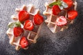 Tasty waffles with fresh strawberries, powdered sugar close-up o Royalty Free Stock Photo