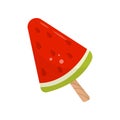 Tasty watermelon ice cream on wooden stick. Delicious summer dessert. Flat vector element for menu, promo banner or