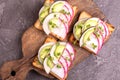 Tasty wheat toasts with radish, avocado and sprouts