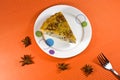 Tasty yellow honey pie with wallnut decorations. Royalty Free Stock Photo