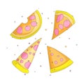 Tasty yellow a slice of pizza cartoon set icons. Set of italian fast food pizza with cheese and pepperoni vector icon