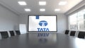 Tata Group logo on the screen in a meeting room. Editorial 3D rendering