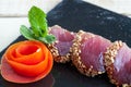 Tataki detail on black plate. Royalty Free Stock Photo