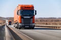 Tatarstan, Russia, Interstate Highway M7  - Apr 14th 2021. Several DELKO company truck move along the federal highway to their Royalty Free Stock Photo