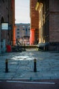 The Tate Liverpool seen through a narrow opening next to the Dock Traffic Office at the Albert Dock in Liverpool