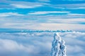 Tatra mountains above clouds from Lysa hora hill in winter Moravskoslezske Beskydy mountains