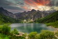 Tatra mountains by the Eye of the Sea lake at sunset, Poland Royalty Free Stock Photo