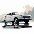 Tatra Vw Sedan: Monochrome Car Illustration In Romantic Scenery