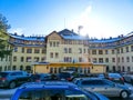 Tatranska Lomnica, Slovakia - January 01, 2020: The Grand Hotel, sky and clouds in slovakian mountains.