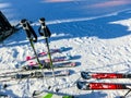 Tatranska Lomnica, Slovakia - January 01, 2020: The Skis in winter resort