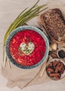 Tatsy Ukrainian and Russian traditional beet soup borsh with sour cream in a bowl. Rustic style Royalty Free Stock Photo