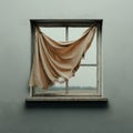 Tattered Brown Cloth Draped Over Broken Window Frame in Empty Wall Royalty Free Stock Photo