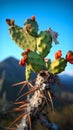 Tattered Prickly Pear Cactus Against Blue Sky & Mountains