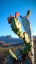 Tattered Prickly Pear Cactus Tree Against Blue Sky & Mountains