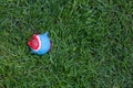 Tattered Red and Blue Tennis Ball on Grass Royalty Free Stock Photo