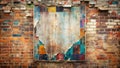 Tattered sign on a multicolored brick wall, a rustic and textured background for design projects. Generative AI Royalty Free Stock Photo