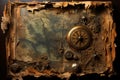 Tattered treasure map against a distressed, maritime-themed backdrop