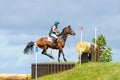 Tattersalls horse show in Ireland, dark brown horse ready to jump over obstacle with male rider, jockey