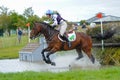 Tattersalls horse show in Ireland, horse galopping after obstacle in water with male rider, jockey rushing forward