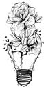 Tattoo art broken light bulb and flower drawing sketch black and white Royalty Free Stock Photo