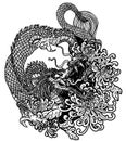 Tattoo art dragon china and flower drawing and sketch black and white Royalty Free Stock Photo