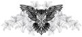 Tattoo art owl and flower hand drawing sketch black and white Royalty Free Stock Photo