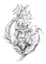 Tattoo art, sketch of a japanese warrior Royalty Free Stock Photo