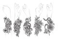 Tattoo art snak and flower drawing and sketch black and white Royalty Free Stock Photo