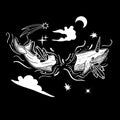 Tattoo art style illustration with whale unicorn. Mystical symbol of adventure, dreams